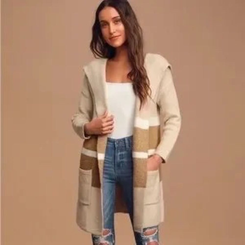 Lulus Carlsbad Tan and Beige Hooded Cardigan Sweater S/M